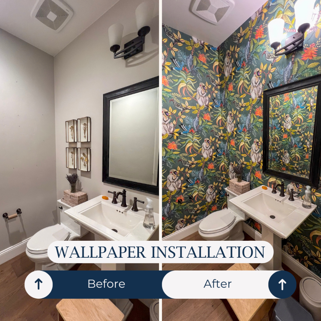 A bathroom with a simple white wall in the Bay Area is transformed with vibrant floral wallpaper. "Before" on the left with plain walls; "After" on the right showcases the colorful installation by a skilled wall covering contractor from San Francisco.