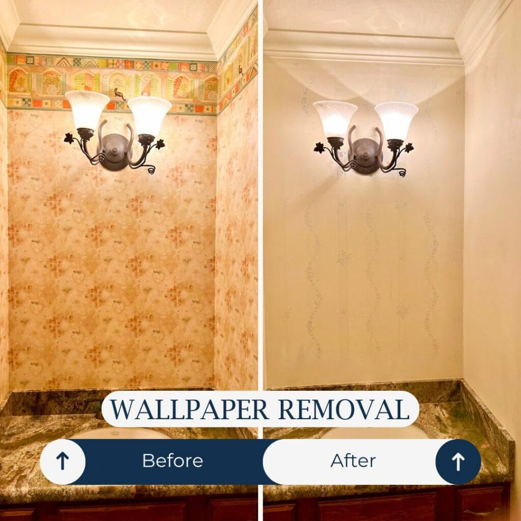 Before-and-after images of wallpaper removal in a bathroom by a professional wall covering contractor. Left: patterned wallpaper on walls. Right: wallpaper removed, revealing light-colored walls with some remaining faint patterns. Transform your Bay Area home with expert wallpaper services!